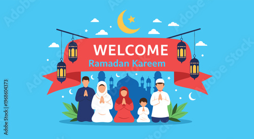 Muslim family standing in front of a mosque silhouette under a red banner wishing everyone a welcome Ramadan Kareem.