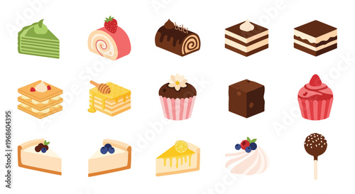 A delightful assortment of various sweet desserts, featuring cakes, cupcakes, cheesecakes, roll cakes, and pastries.