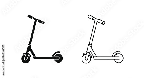 Two black and white line drawings of modern scooters side by side