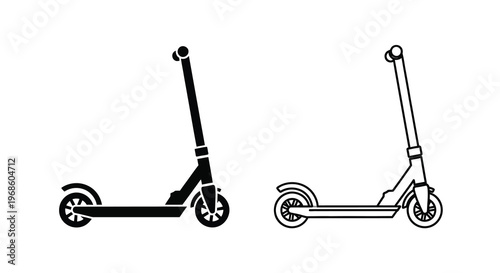 Two black and white depictions of modern scooters side by side