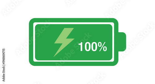 A vibrant green battery icon displays a full charge with a lightning bolt and 100 indication silhouette high quality professional detailed