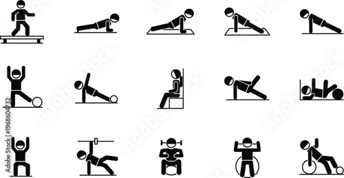 Workout fitness exercise icon set featuring strength training cardio lifting stretching silhouette collection isolated on white background