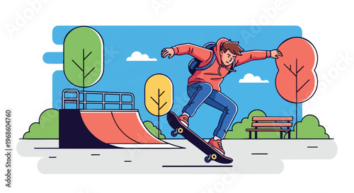Young Skater Performing Tricks in a Vibrant Urban Skate Park Illustration