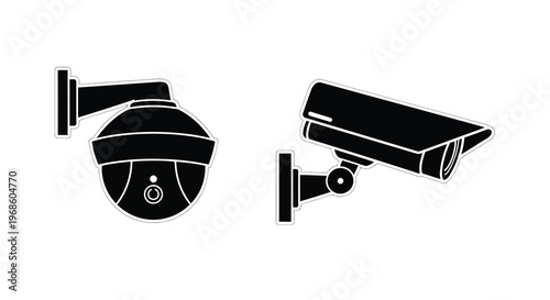 Two security cameras in black and white one dome and one bullet style