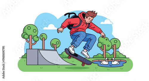 Young Skater Boy Jumping with Skateboard in a Park with Swans