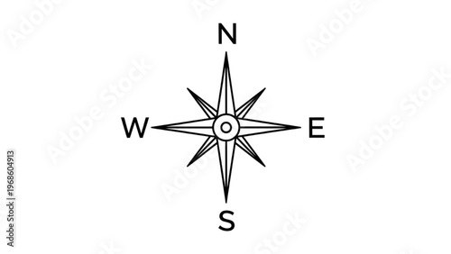 Nautical Compass Rose Line Art Vector Icon, Classic Mariner Navigation Symbol for Kids Adventure Storybook and Coloring Pages, Isolated on White