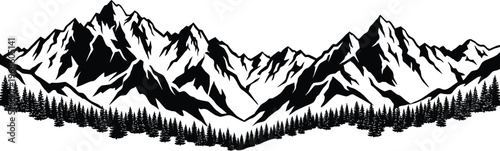 Mountain Landscape Silhouette Vector – Hand Drawn Peaks and Forest Panorama, Nature Wilderness Black Illustration