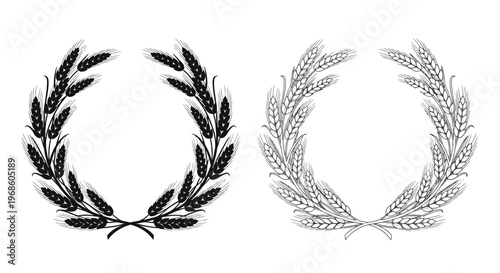 Two symmetrical wheat wreath illustrations in contrasting styles
