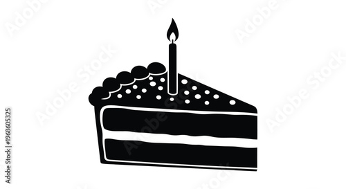 A single slice of chocolate cake with a lit candle on top