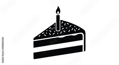 A black silhouette of a slice of cake with a single lit candle