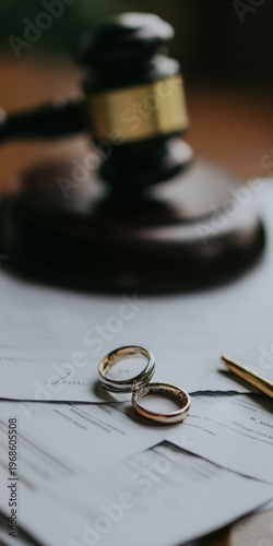 Wedding rings on divorce papers with a gavel