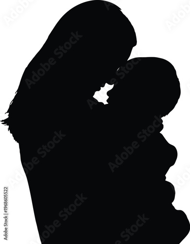 Silhouette of a loving mother gently embracing her precious baby, showcasing a tender bond and strong maternal connection against a pure white background.
