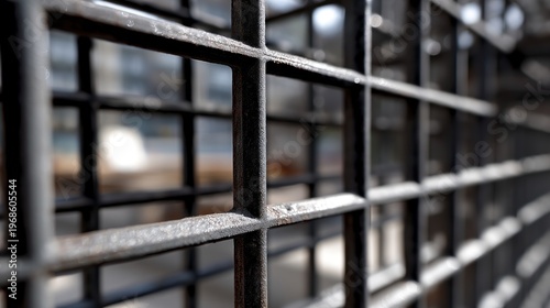 Close-up of a black metal grid fence with a blurred urban cityscape background and natural daylight