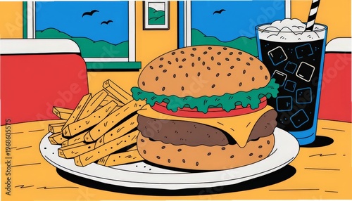 A Classic Burger with Melted Cheese, Lettuce, and Tomato, Served with Fries and a Drink