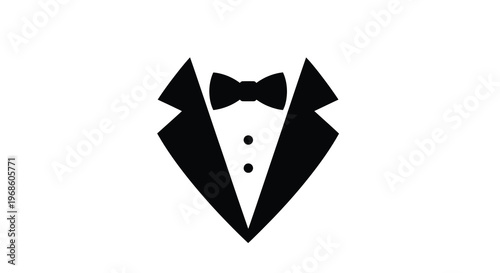 A simple black icon depicting a tuxedo with a bow tie