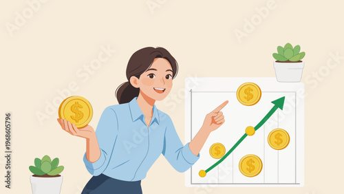 Woman holding coins near growth chart