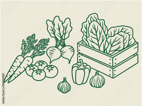 Vegetable crate set outline sketch vector illustration