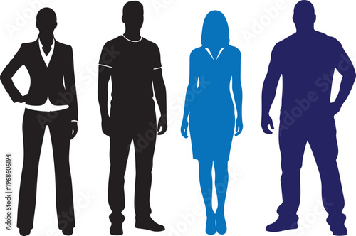 Four black silhouettes of business people standing on white background