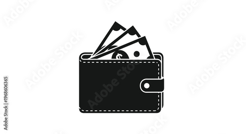 Black and white illustration of a wallet overflowing with cash