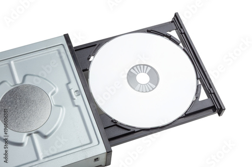 Blank Disc in Computer Optical Drive Tray With Open CD DVD isolated on a white background