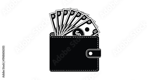 A black and white illustration of a wallet overflowing with cash