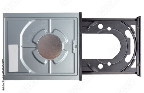 Open DVD Optical Drive Tray And CD Slot For Computer Hardware isolated on a white background