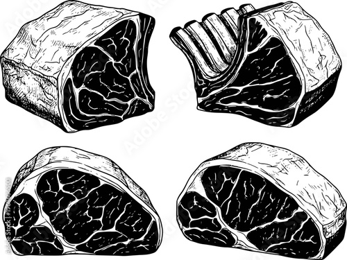 Raw Meat Cuts Including Ribeye Steak and Prime Rib Roast beef