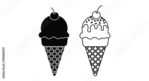 Two ice cream cones one solid one with sprinkles in black and white
