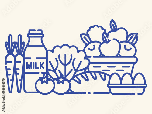 Farm market food set outline sketch vector illustration