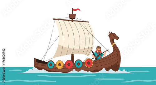 Illustration of a Viking Ship Sailing on the Sea with a Warrior
