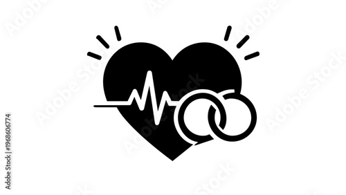 Teal and green gradient heart vector icon with heartbeat line and interlocking wedding rings, symbolizing love, romance, marriage commitment, and healthy relationships, flat minimalist illustration.