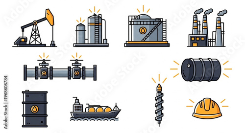 Oil and Gas Industry Icons - Production, Storage, and Transportation.
