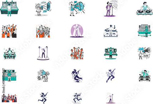 A comprehensive vector graphic illustration set depicting music production, live performances, audience engagement, and sound communication for various media designs.