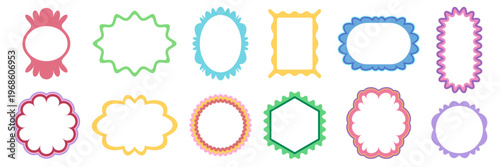 Scallop frame border set with wavy edges and squiggly shapes for labels and stickers. Decorative scalloped stamps with lace patterns, curvy bursts and cute funky forms for creative design projects.