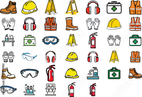 A comprehensive vector graphic illustration showcasing essential industrial and personal protective equipment for workplace safety.