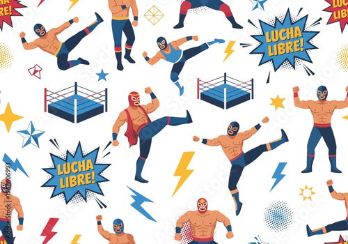 Seamless Vector Pattern of Mexican Lucha Libre Masked Wrestlers with Comic Graphics, Wrestling Rings, and Lightning Bolts for Sportswear and Textile Design