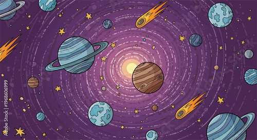 Solar System, Space Planets, Purple Galaxy, Vector Illustration, Celestial Bodies