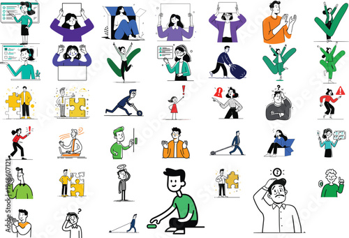 Diverse business vector graphic illustration set showcasing various people, actions, and emotions for conceptual design projects