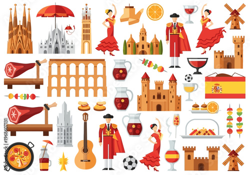 Spain Culture and Tourism Icon Set: Landmarks, Food, Flamenco, and Traditional Symbols in Flat Design