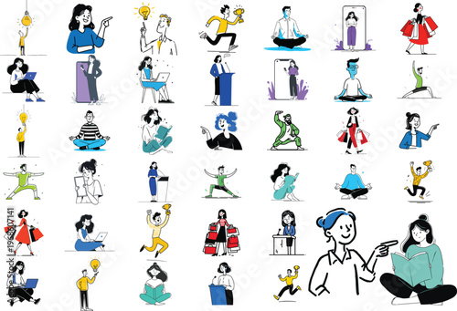 A vibrant collection of diverse vector illustrations depicting individuals engaged in various daily activities, showcasing different moods and actions.