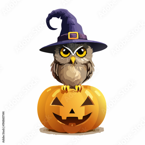 Eule mit Hexenhut auf Kürbis – Nacht Halloween
