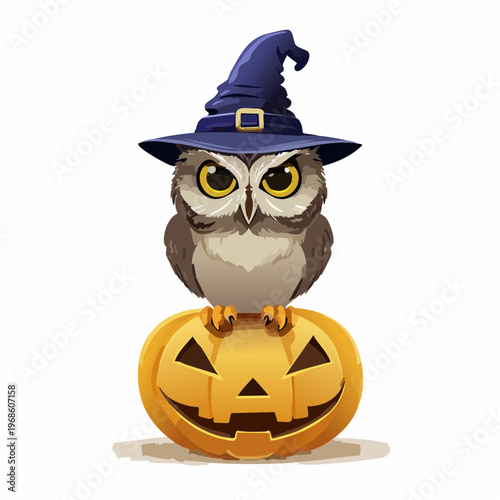 Eule mit Hexenhut auf Kürbis – Nacht Halloween
