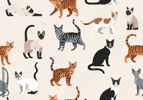 Seamless Pattern of Various Cat Breeds in Different Poses; Flat Vector Illustration of Domestic Felines including Siamese, Tabby, and Calico Cats for Textile or Wallpaper