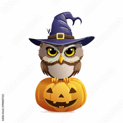 Eule mit Hexenhut auf Kürbis – Nacht Halloween