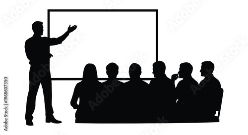 A business meeting scene depicts a presenter and attendees all rendered as a striking black silhouette high quality professional detailed modern