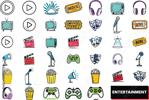 A comprehensive vector graphic illustration showcasing a variety of popular entertainment icons and media symbols in a playful doodle style.