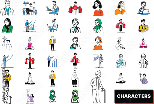 A versatile vector illustration collection showcasing diverse characters engaged in various professions, activities, and lifestyles, perfect for modern graphic design.
