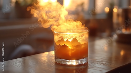 Warm beverage in rocks glass with smoke