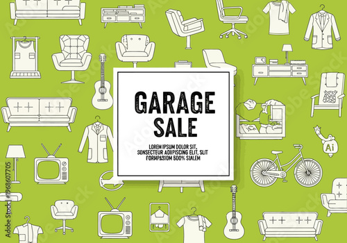 Garage Sale Promotion Poster with Line Art Icons of Furniture, Electronics, Clothing, and Household Items on Green Background