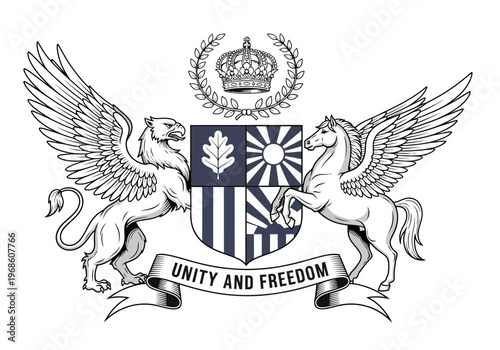 Heraldic Coat of Arms Emblem with Griffin, Pegasus, Shield, and Crown. Vintage Royal Crest Vector Illustration with Unity and Freedom Banner